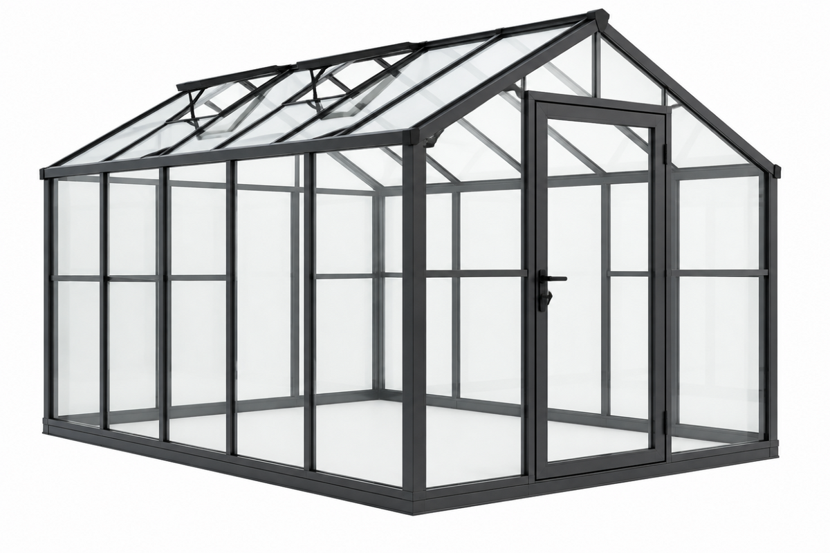 Zahradní skleník 244 x 190 x 195 cm - černý hliník a průhledné sklo se sedlovou střechou