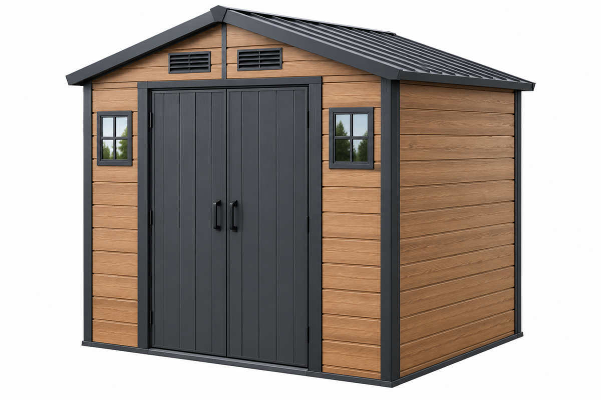 Zahradní domek 300 x 240 x 230 cm - hnědý a antracitový dřevěný úložný prostor se sedlovou střechou