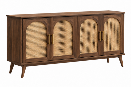 Příborník 160 x 40 x 85 cm hnědý dřevěný s ratanovým výpletem retro