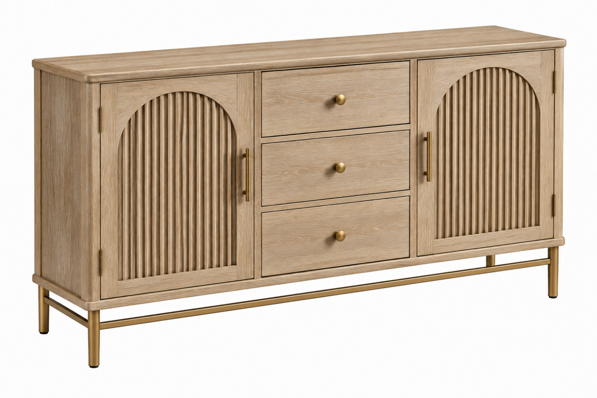 Komoda 140 x 40 x 85 cm z dřevěného materiálu v přírodní a zlaté barvě s úložným prostorem