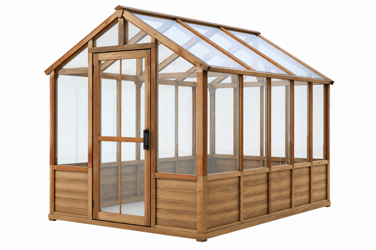 Zahradní skleník 240 x 180 x 220 cm ze dřeva s průhlednými panely a sedlovou střechou